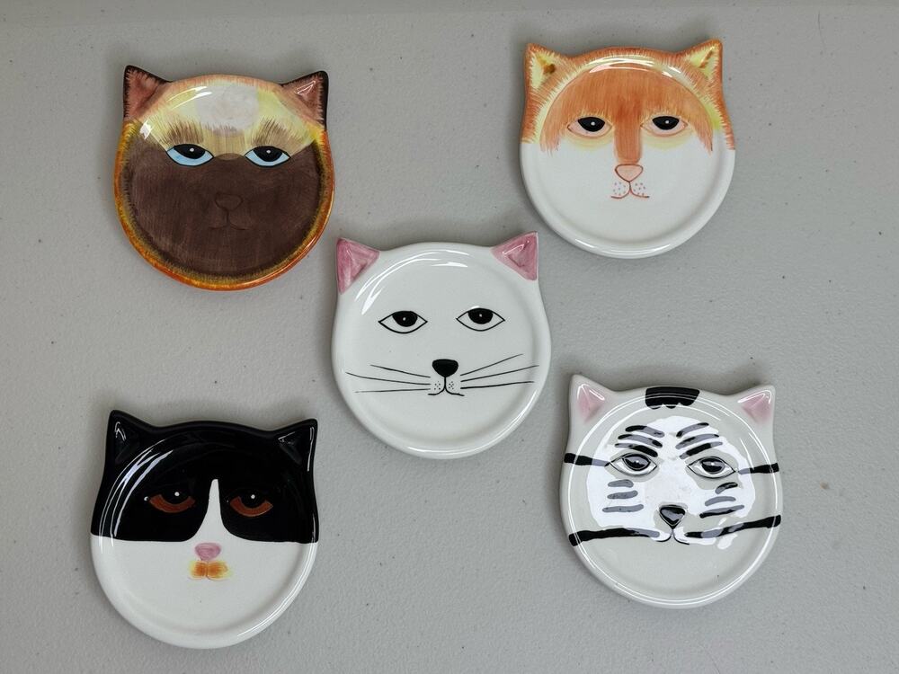 VTG 2001 Bandwagon Kitty Cat-Themed Ceramic Drink Coasters 4" Feline Faces New